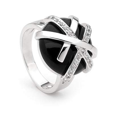 Sterling silver black onyx and cz ring - Red Carpet Jewellers