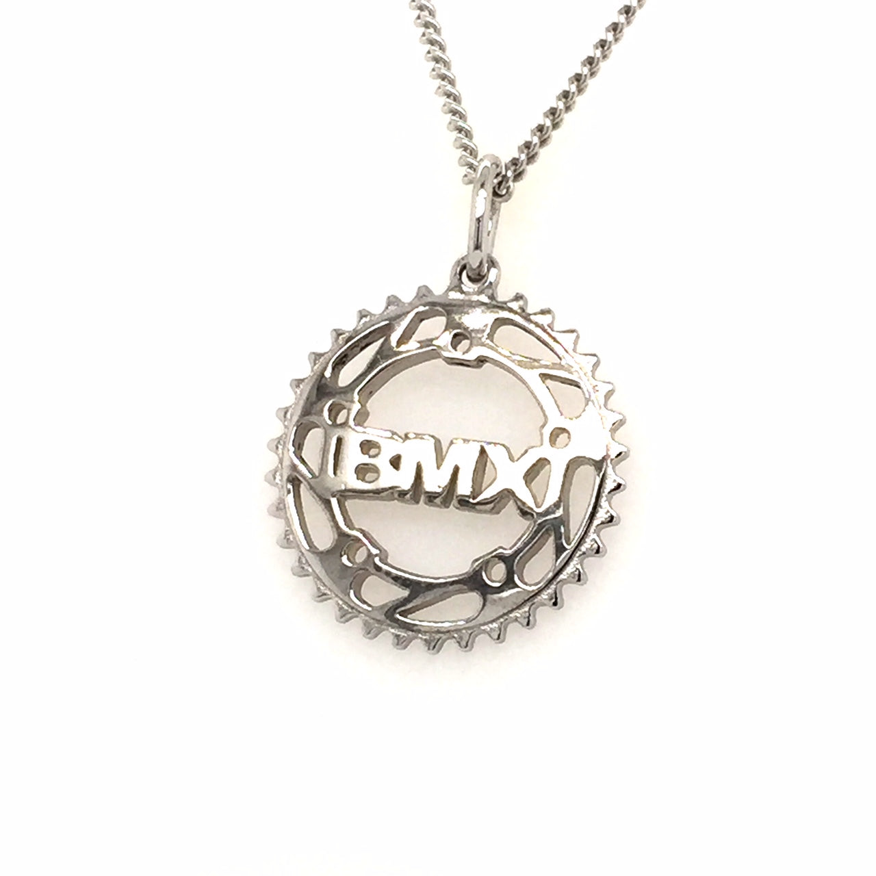 Sterling silver BMX sprocket pendant complete with chain - Red Carpet Jewellers